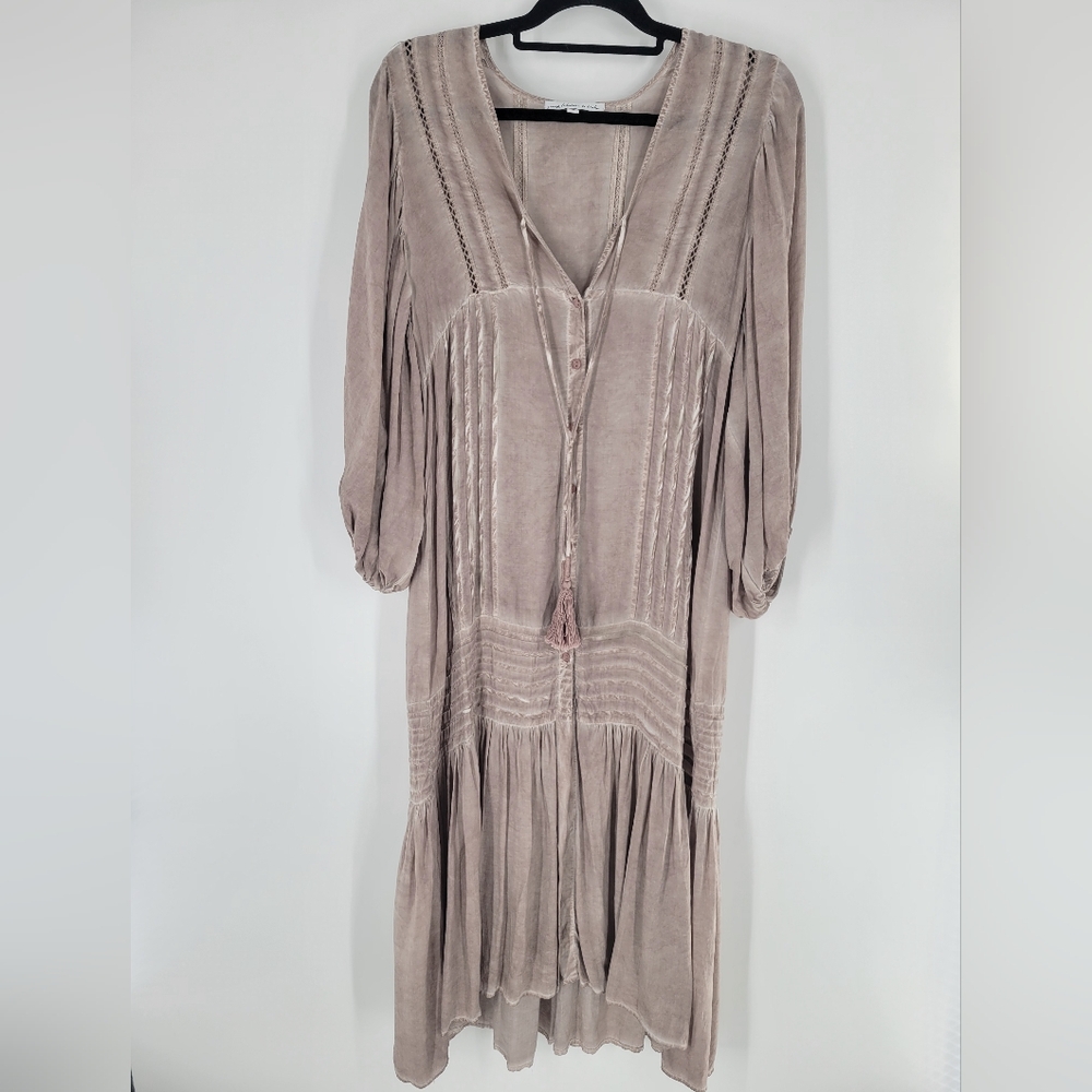 Young Fabulous & Broke Boho Midi Dress Taupe Mauve Long Sleeve V-Neck Size S